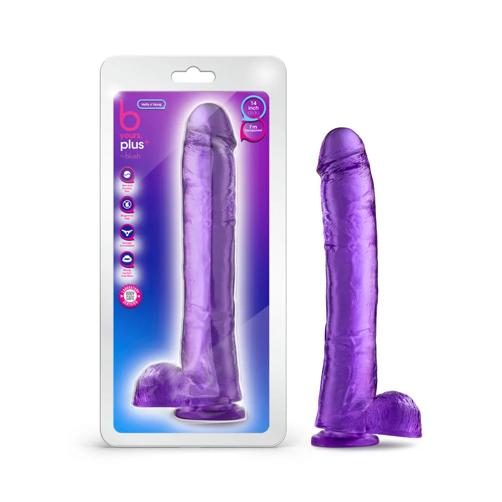 B Yours Plus Hefty N' Hung 14 In. Dildo With Balls Purple 1