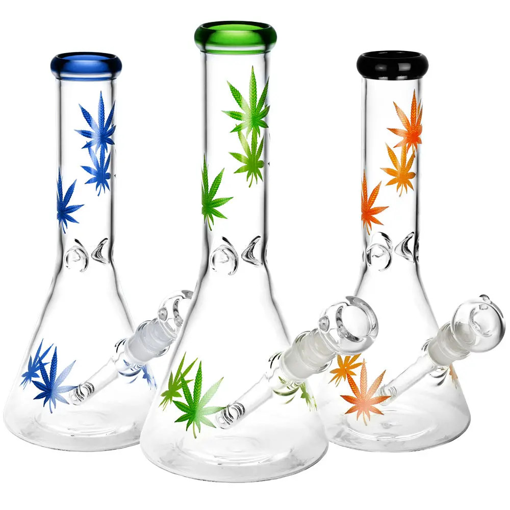 Sacre Bleu Leaf Print Beaker Water Pipe - 10"/14Mm F/Colors Vary 1