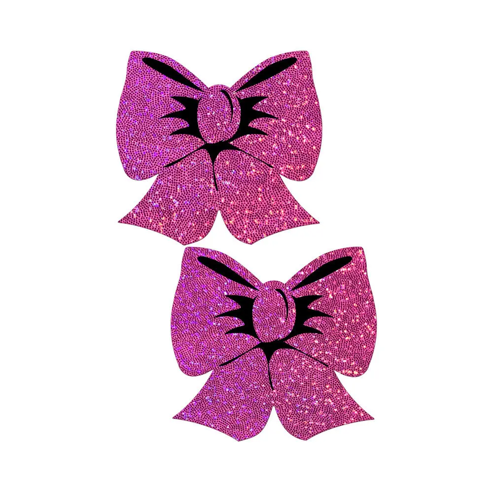 Pastease Bow: Hot Pink Glitter Bows Nipple Pasties 2