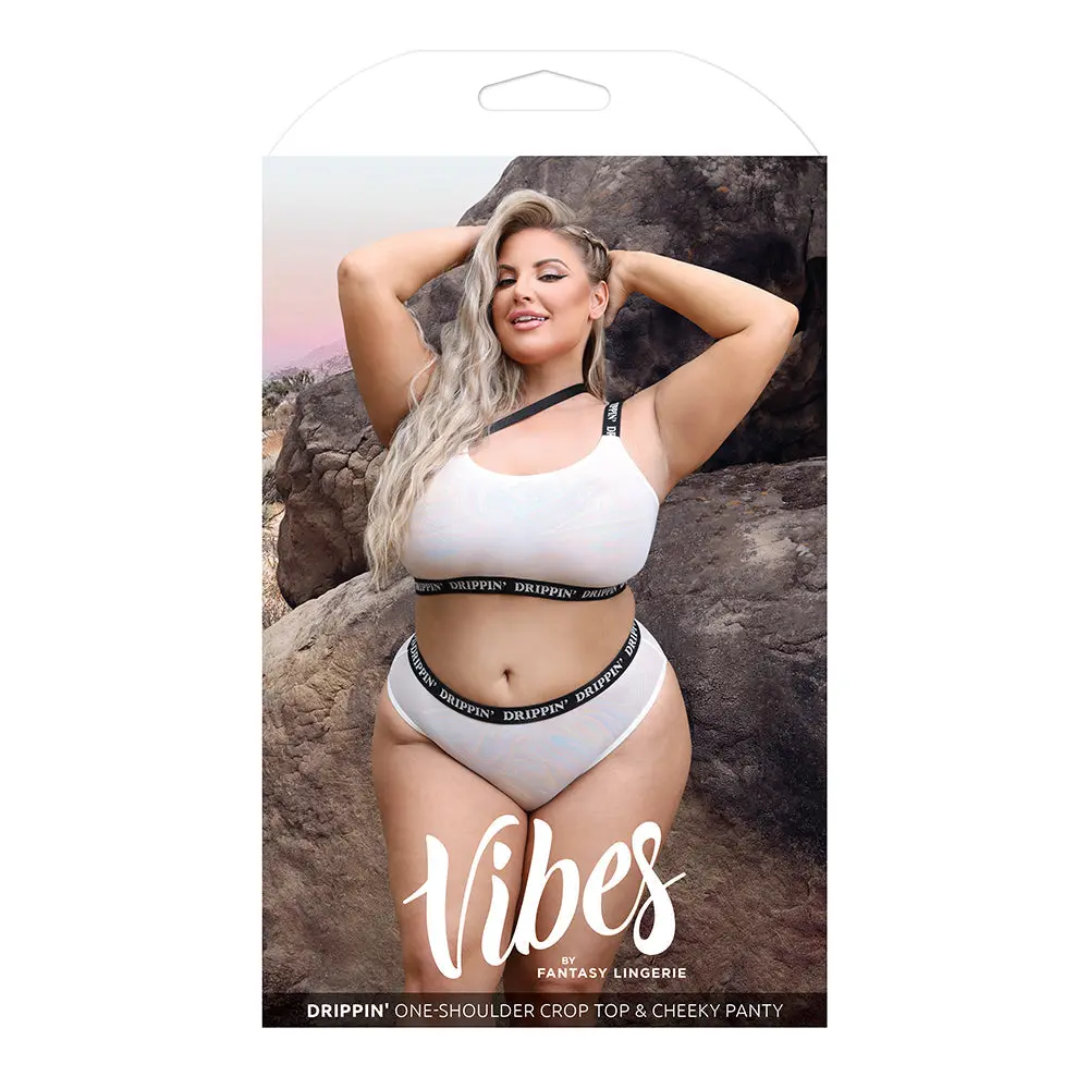 Fantasy Lingerie Vibes Drippin' Iridescent Strappy One-Shoulder Top & Panty Pearl White Queen 1