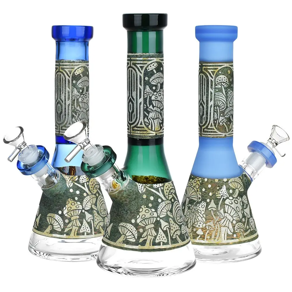Mushroom Melange Etched Beaker Glass Water Pipe - 9" / 14Mm F 1