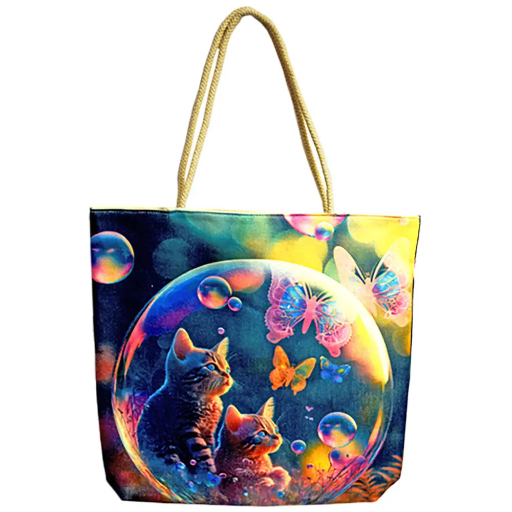 Bubble Kittens Jute Rope-Handled Tote Bag - 17"X15" 1