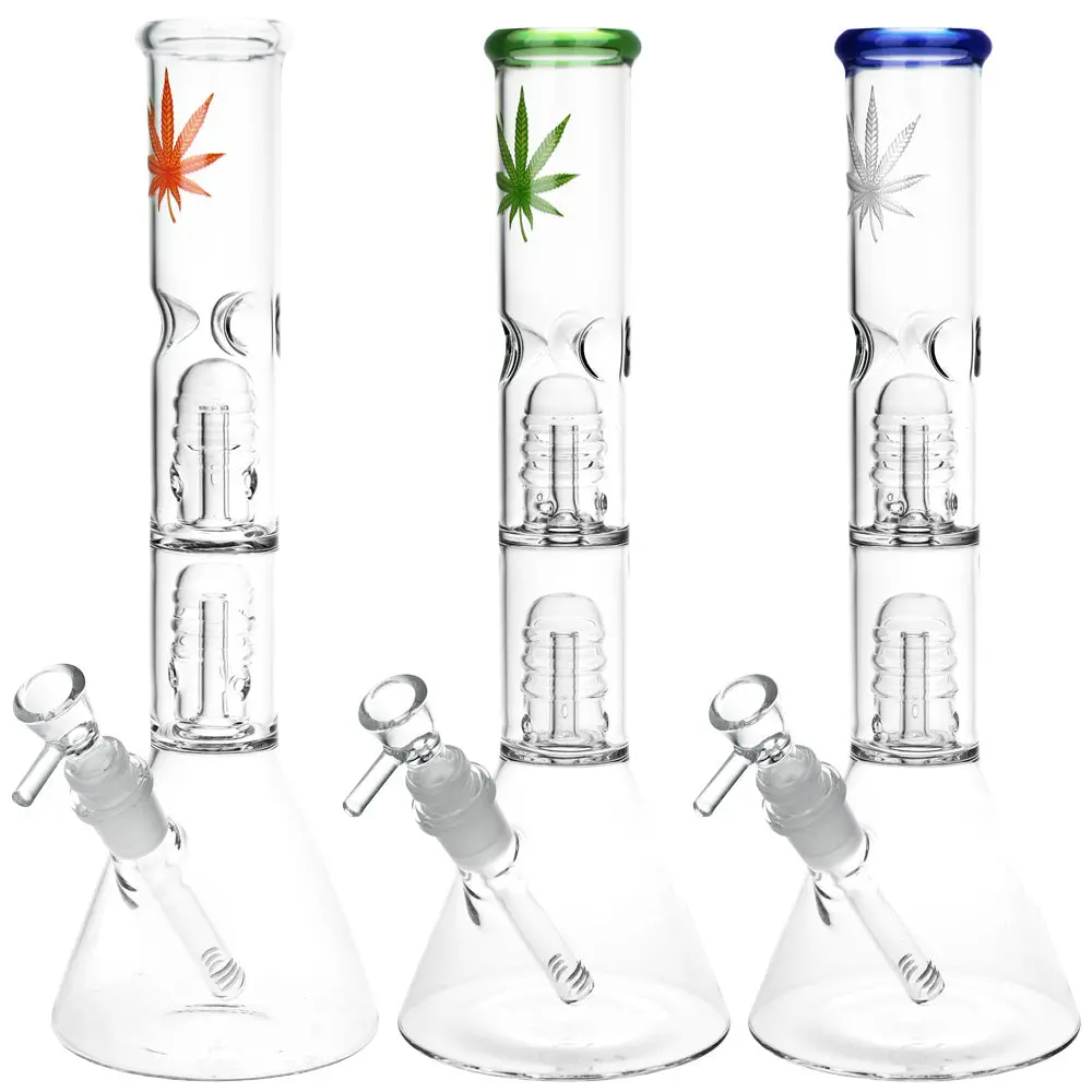 Double Stacked Hemp Leaf Beaker Water Pipe - 12" / 14Mm F / Colors Vary 1