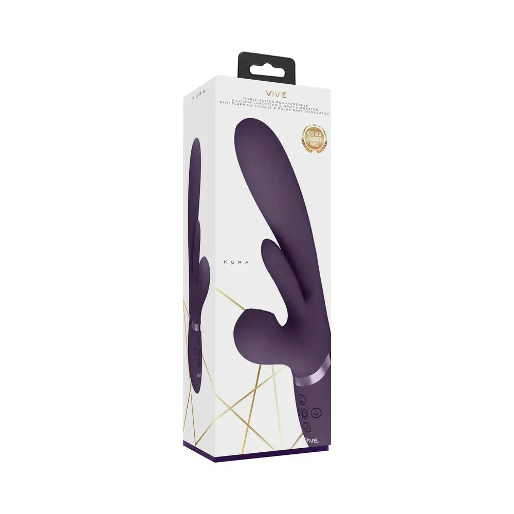 Vive Kura Rechargeable Thrusting Silicone G-Spot Vibrator With Flapping Tongue And Pulse Wave Stimulator Purple 1