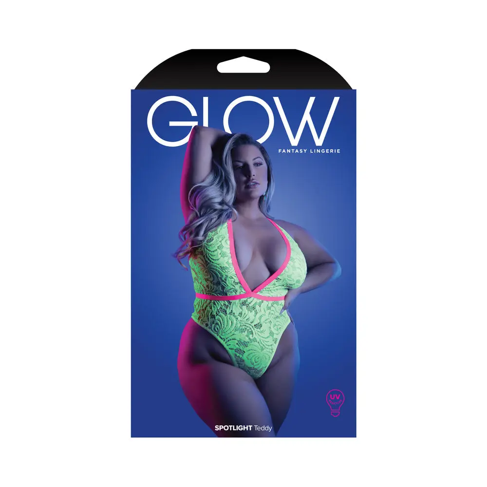 Fantasy Lingerie Glow Spotlight Contrast Elastic Lace Teddy With Snap Closure Neon Green Queen Size 1