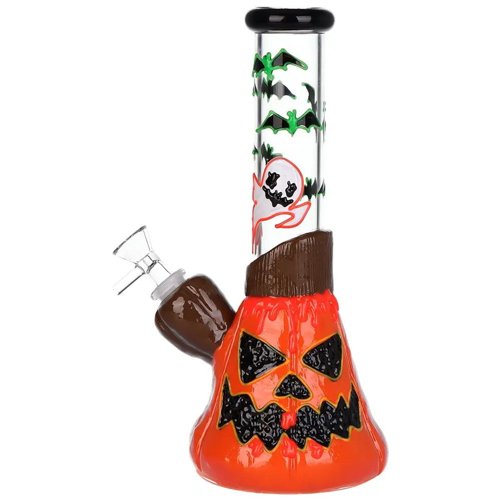 Bats 'N' Ghouls Jack-O-Lantern Glow In Dark Glass Water Pipe - 10" / 14Mm F 1