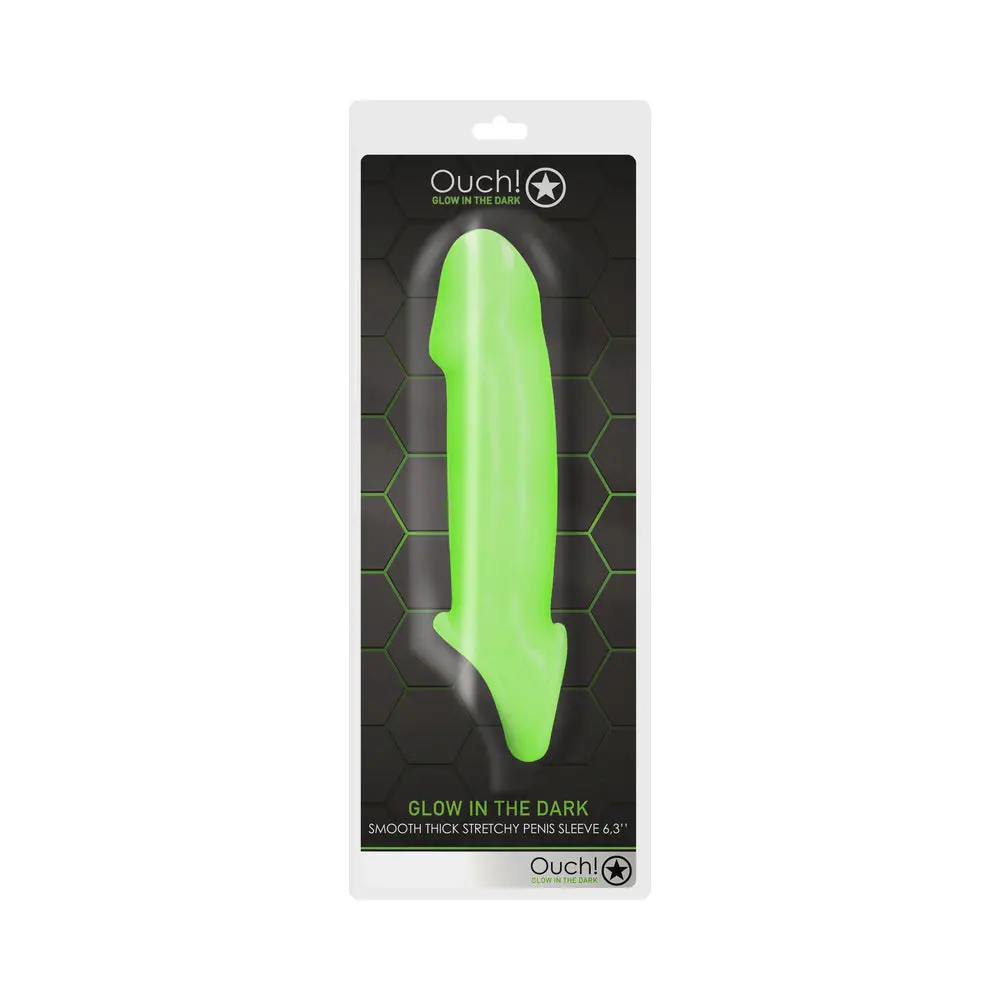 Ouch! Glow In The Dark Smooth Thick Stretchy 6.3 In. Penis Sleeve With Foreskin Details Neon Green 1