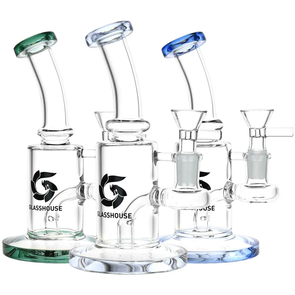 Glass House Bent Neck Glass Water Pipe - 6.75" / 14Mm F / Colors Vary 1