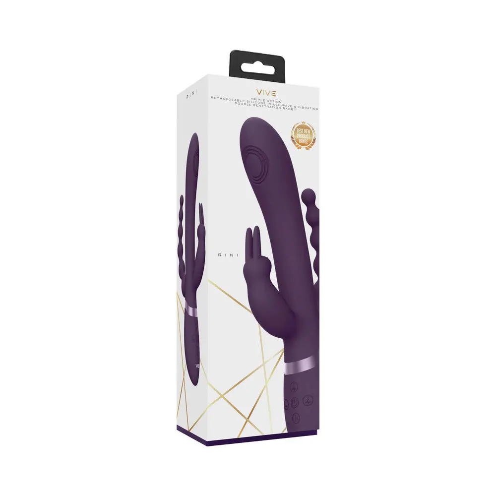 Vive Rini Rechargeable Triple-Motor Pulse-Wave Dual Entry Silicone Rabbit Vibrator Purple 1