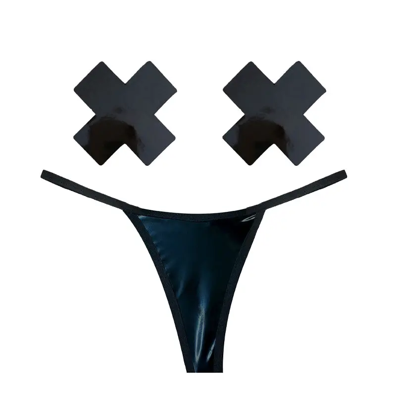 Neva Nude Dom Squad Black Wet Vinyl G-String Naughty Knix Pasties & Panties Set 1