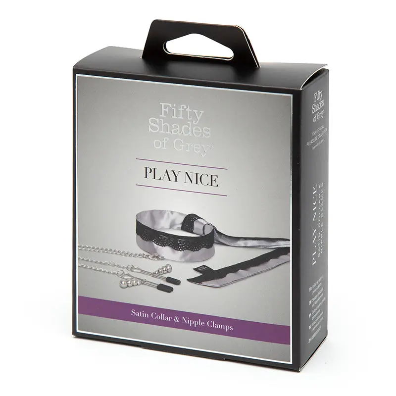 Fifty Shades Of Grey Play Nice Satin Collar With Lace Trim & Adjustable Nipple Clamps Gray 1