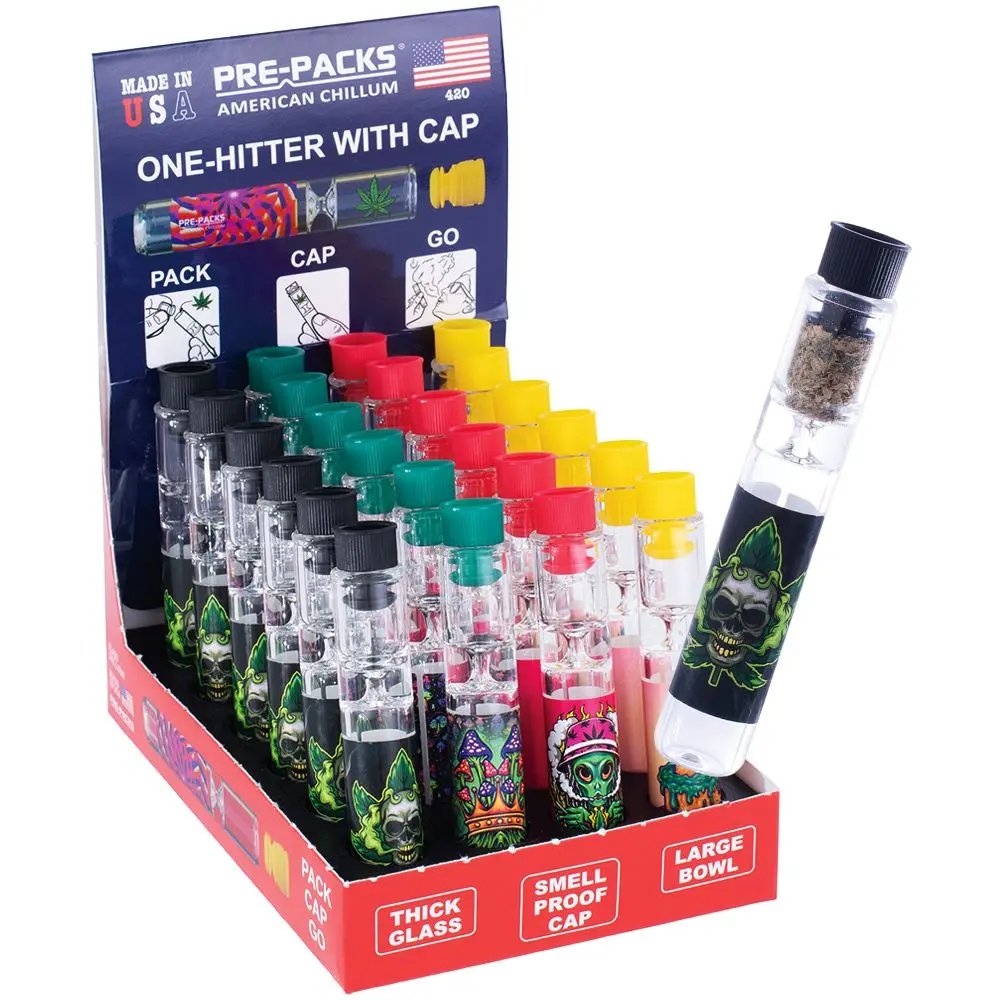 24Ct Display - Pre-Packs American Chillum One-Hitter With Smellproof Cap - 3.5" / Assorted Designs 1