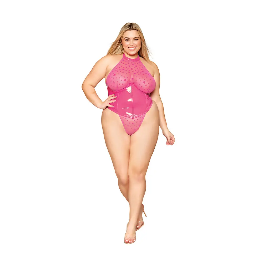 Dreamgirl Flocked Heart Stretch Mesh And Stretch Vinyl Halter Teddy Peony 1Xl 1