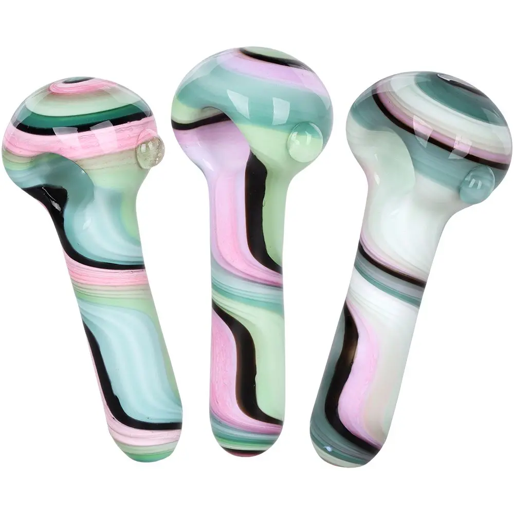 3Ct Bundle - Heady Ribbons Glass Spoon Pipe W Marble - 4" / Assorted Colors 1