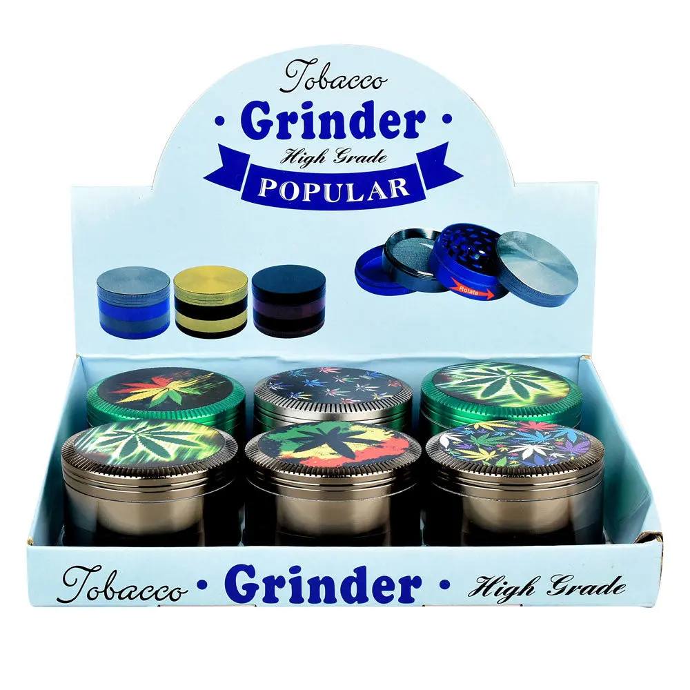 Hemp Leaf Colored Metal Grinder- 4Pc/2.5"/Assorted - 6Pc Disp 1