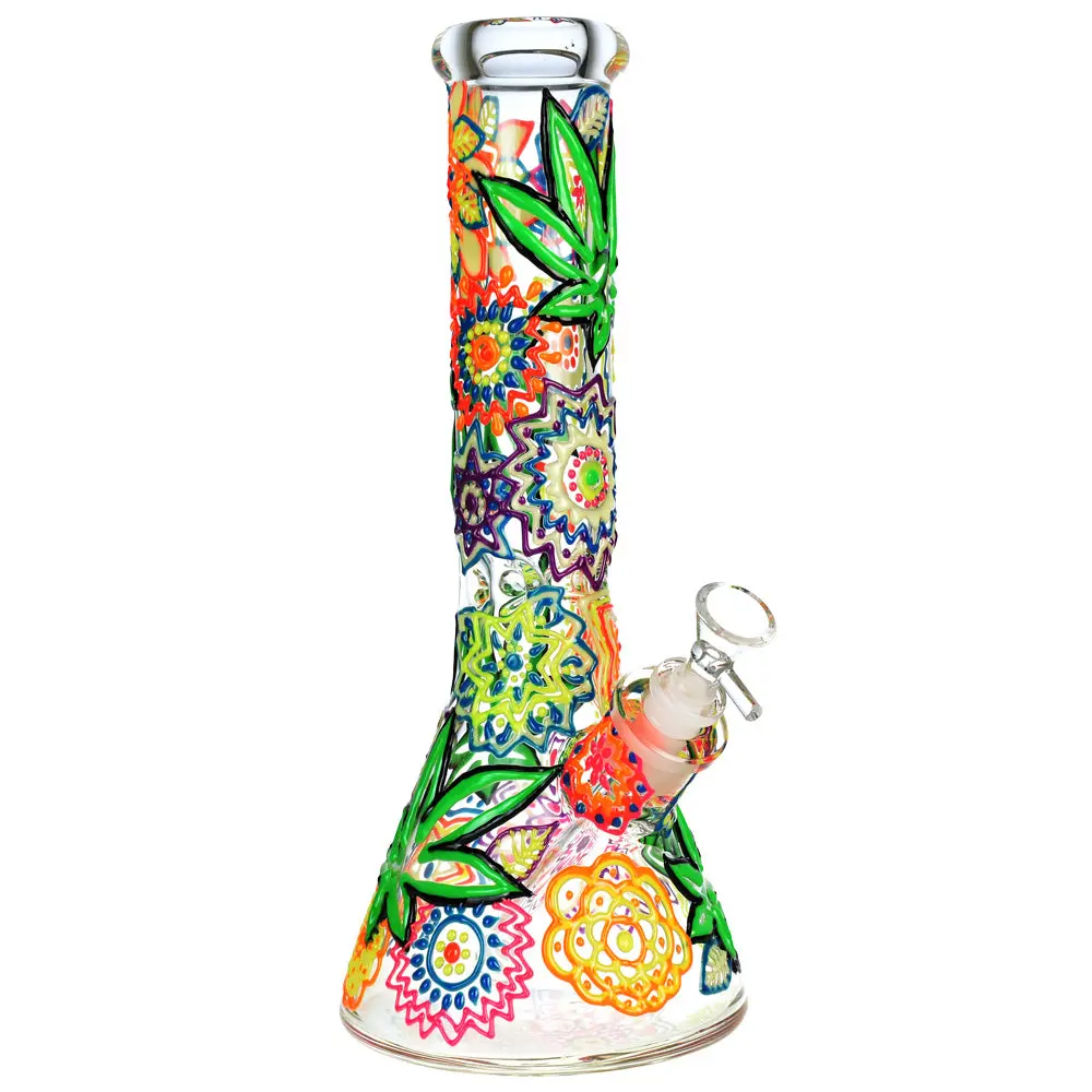 Mandala Hemp Leaf Beaker Water Pipe - 12.75"/14Mm F 1