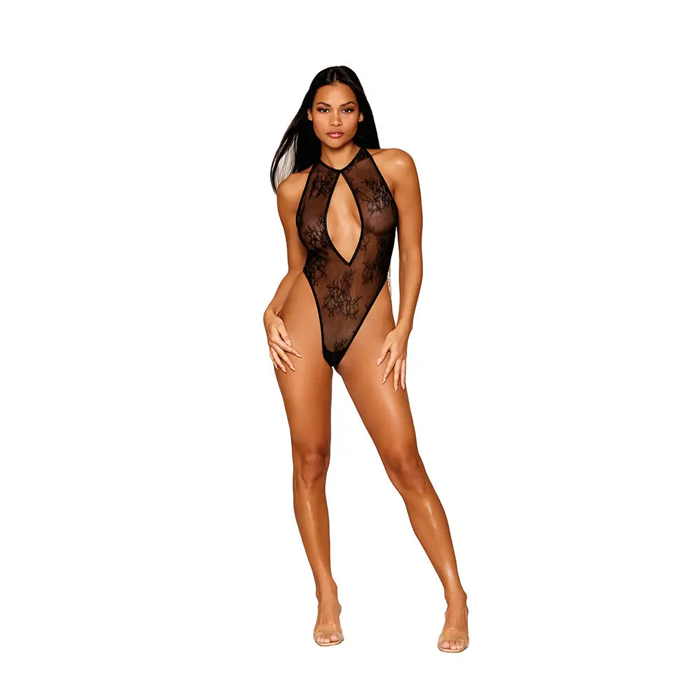 Dreamgirl Stretch Lace Halter Teddy With Keyhole Neckline And Open Rhinestone Fringe Back Black Xl 1