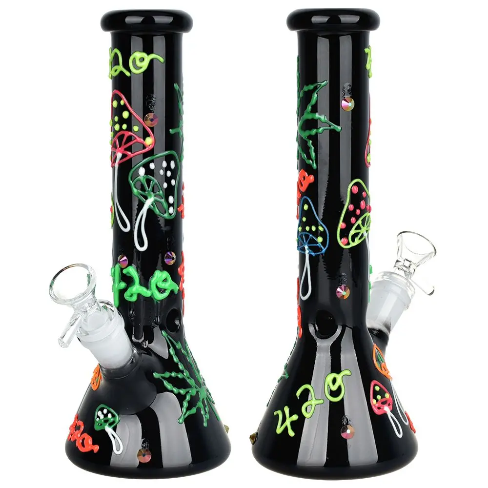 Hemp Leaf Glow In The Dark Beaker Glass Bong - 9.25" / 14Mm F 1