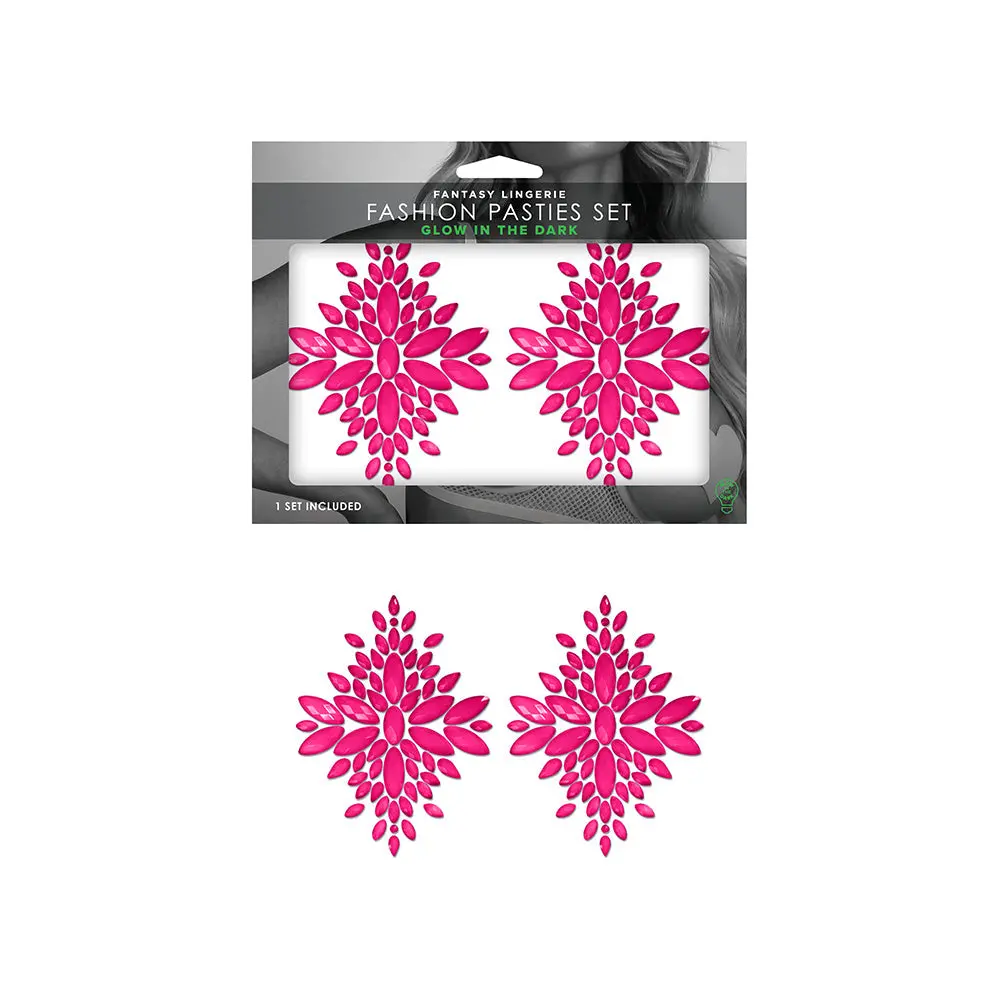 Fantasy Lingerie Glow-In-The-Dark Crystal Jeweled Pasties Neon Pink 1
