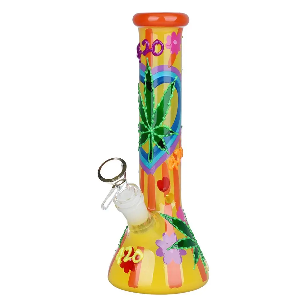 Hemp Leaf Glow In The Dark Beaker Glass Bong - 9.25" 1