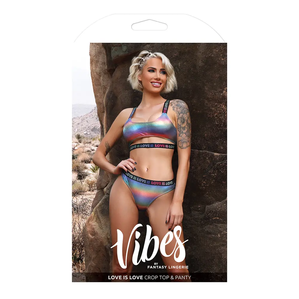 Fantasy Lingerie Vibes Love Is Love Underboob Cutout Top & Cheeky Panty Rainbow Holo S/M 1