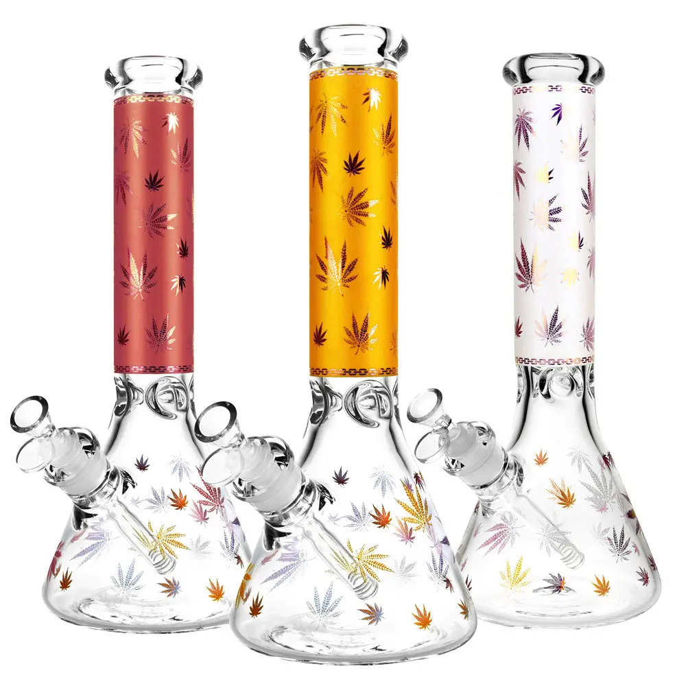 Foil Hemp Leaf Print Water Pipe- 14" / 14Mm F / Colors Vary 1