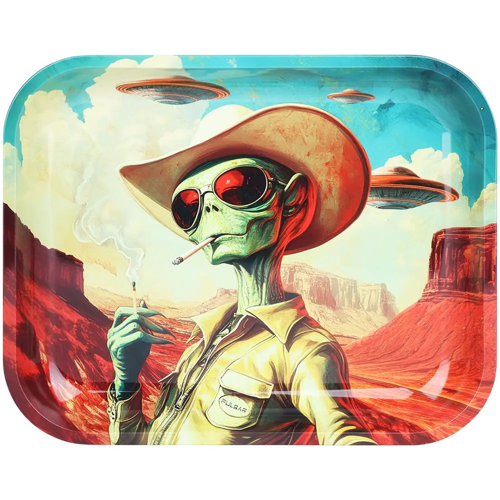 Pulsar Design Series Large Metal Rolling Tray - Cowboy Alien / 13"X11" 1