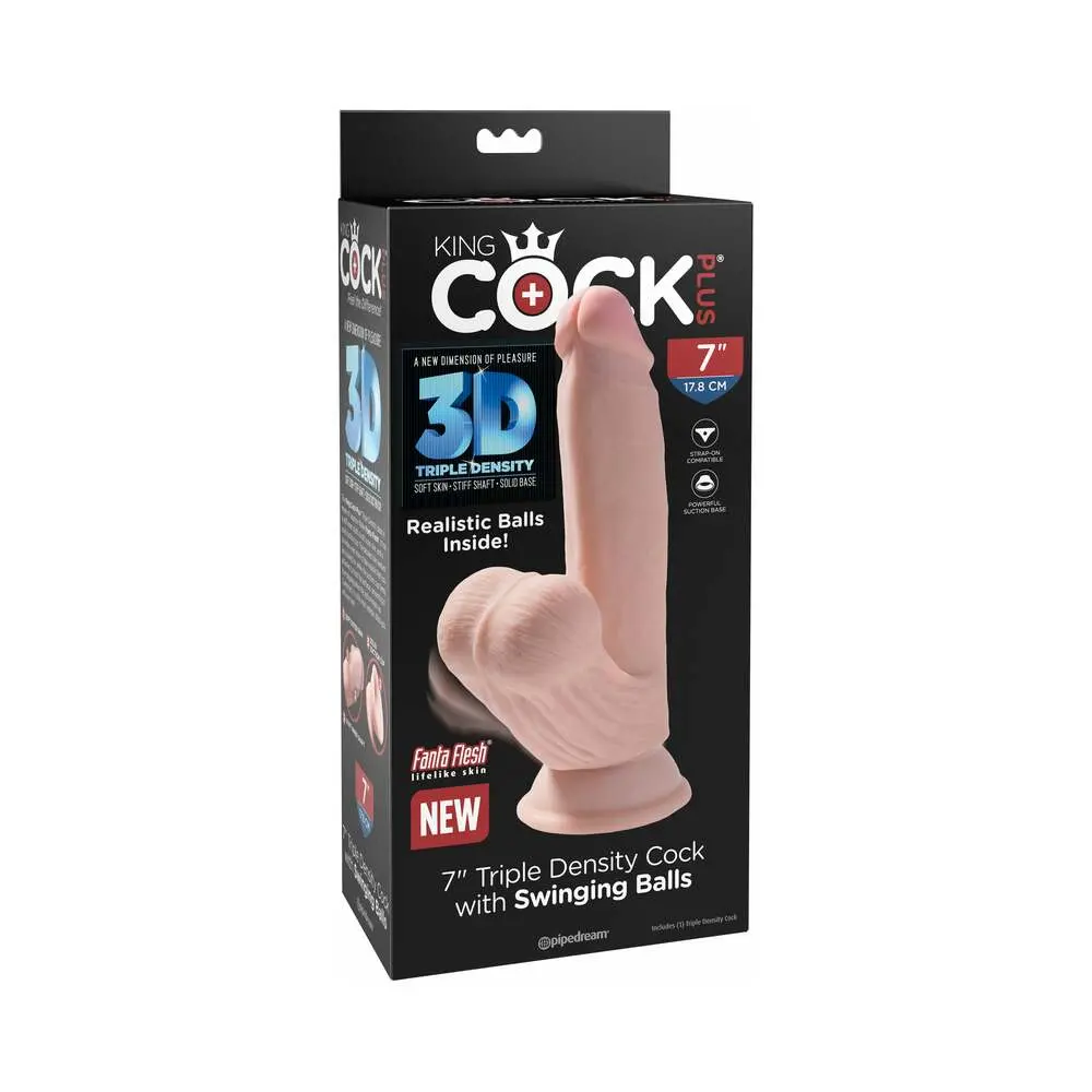 King Cock Plus 7 In. Triple-Density Cock With Swinging Balls Dildo Beige 1