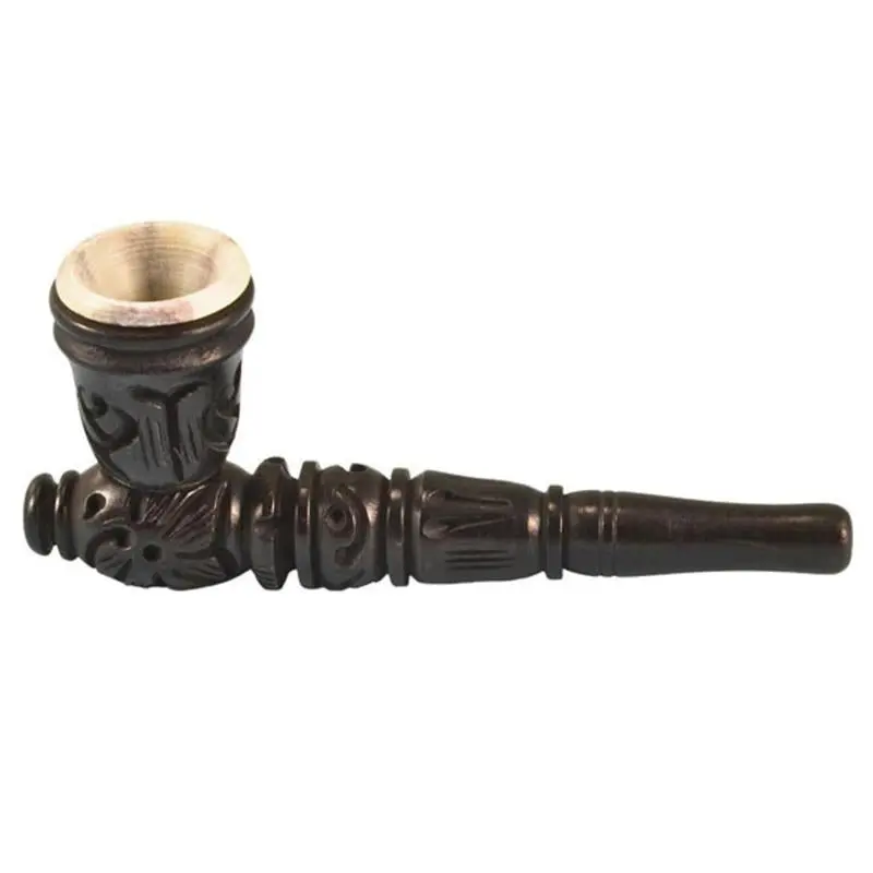 Carved Wood Hand Pipe W/ Stone Bowl 1