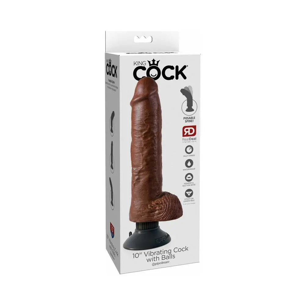 King Cock 10 In. Vibrating Cock With Balls Poseable Suction Cup Dildo Brown 1