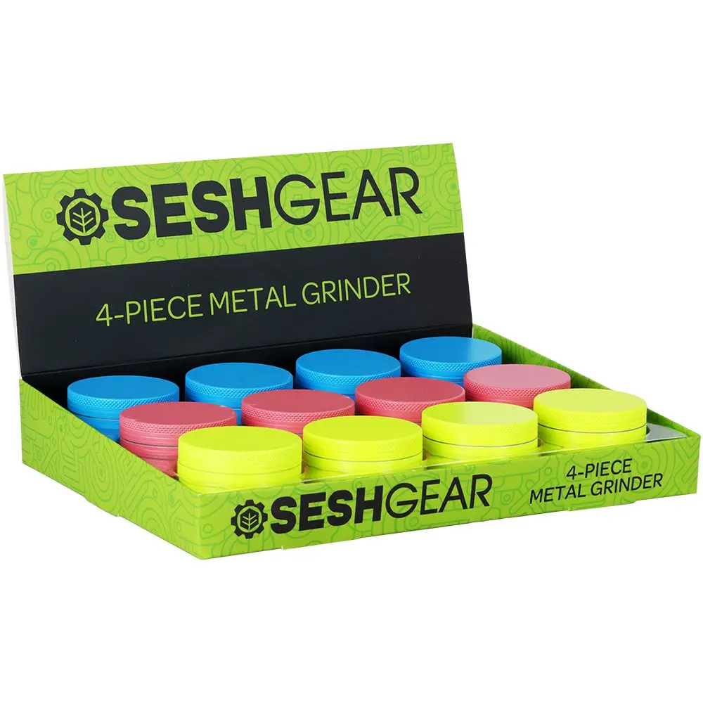 12Ct Display - Seshgear Glow In The Dark Metal Grinder - 4Pc / 1.75" / Assorted Colors 1