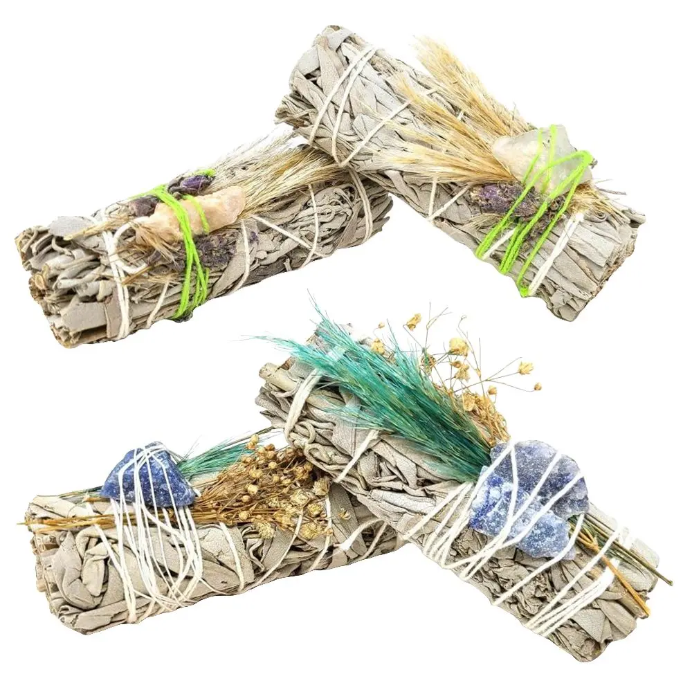 White Sage Floral Smudge Stick & Crystal Stone Bundle | 4" 1
