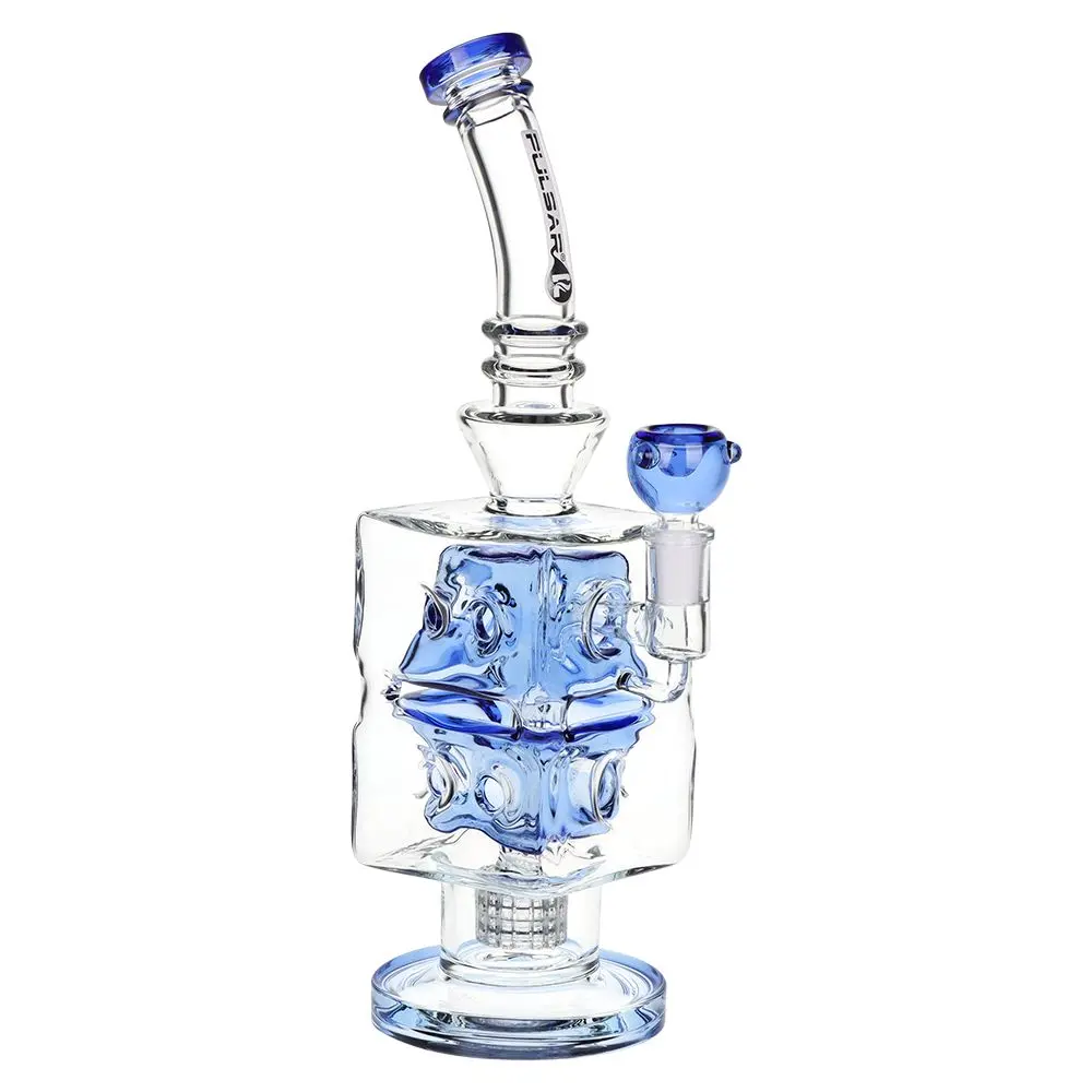 Pulsar Double Swiss Perc Blocks Glass Water Pipe - 12.5" / 14Mm F / Blue 2