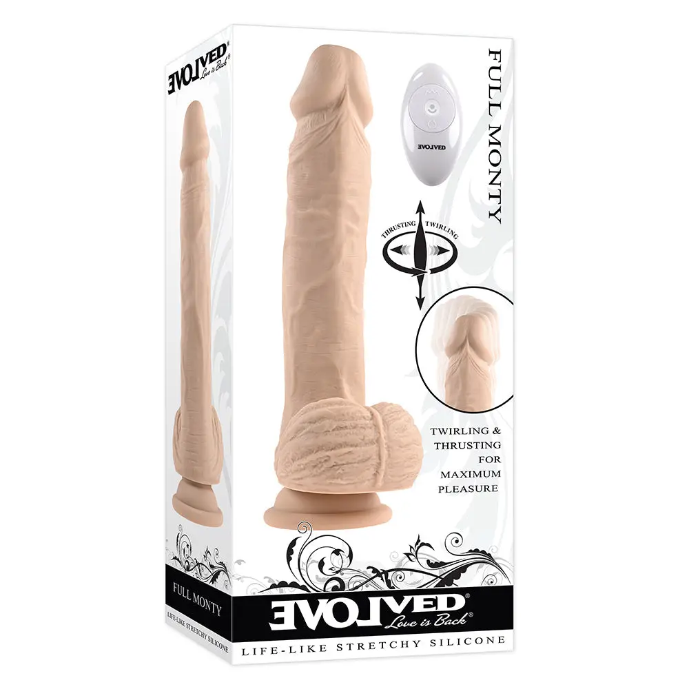 Evolved Full Monty Rechargeable Remote-Controlled Thrusting Twirling 9 In. Silicone Dildo Light 1