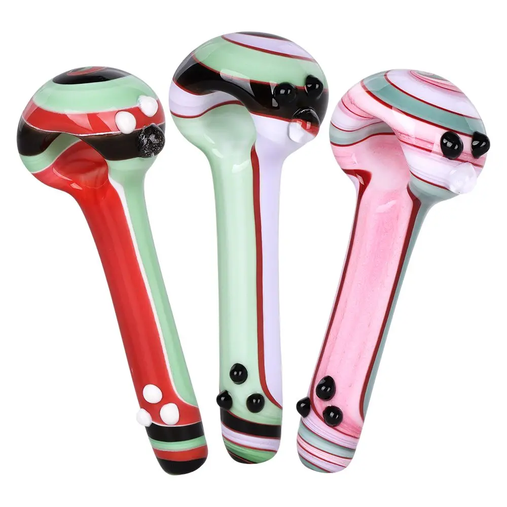 4Ct Bundle - Cream Stripes W Marbles Glass Spoon Pipe - 4.75" / Assorted Colors 1