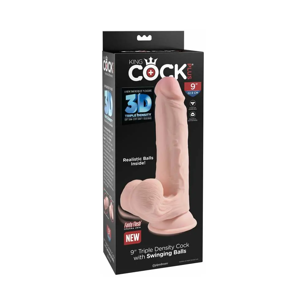 King Cock Plus 9 In. Triple-Density Cock With Swinging Balls Dildo Beige 1