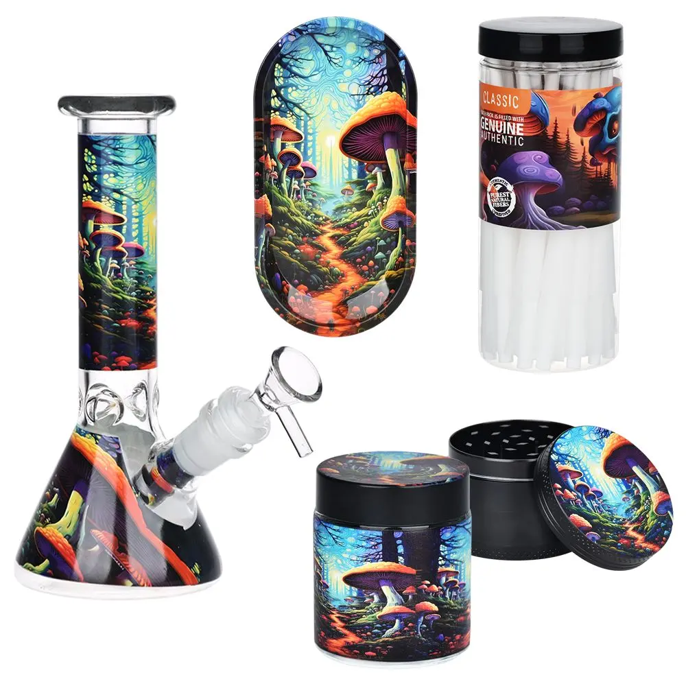 Mushroom Forest Glass Beaker Water Pipe Smoking Set - 7.75" 1