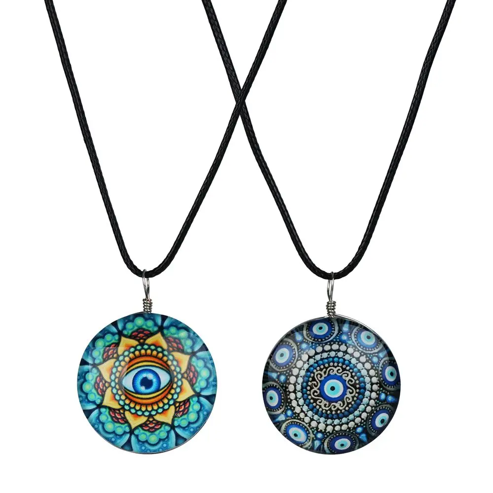 Eye Mandala Round Glass Pendant Necklace - 18" / Designs Vary 1