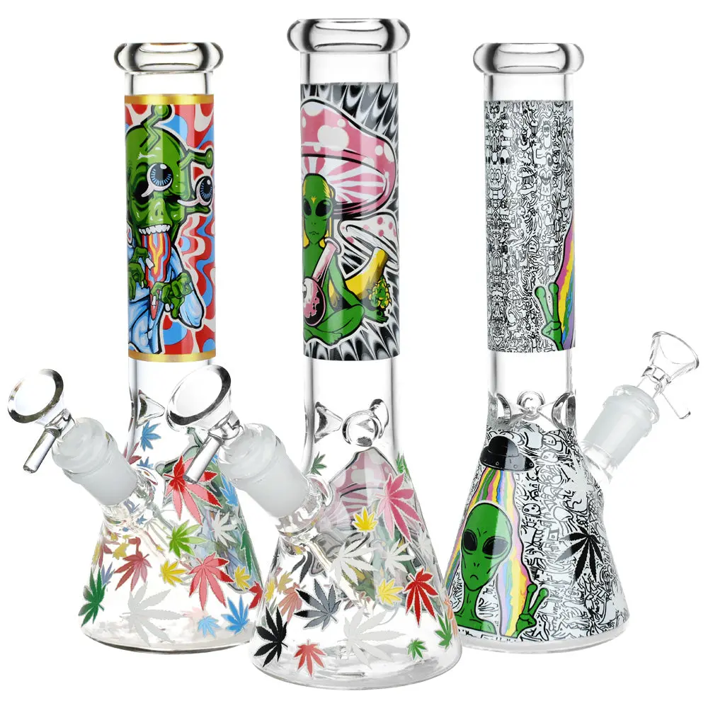 Aliens And Hemp Leaves Glow Glass Beaker Water Pipe-10" 1