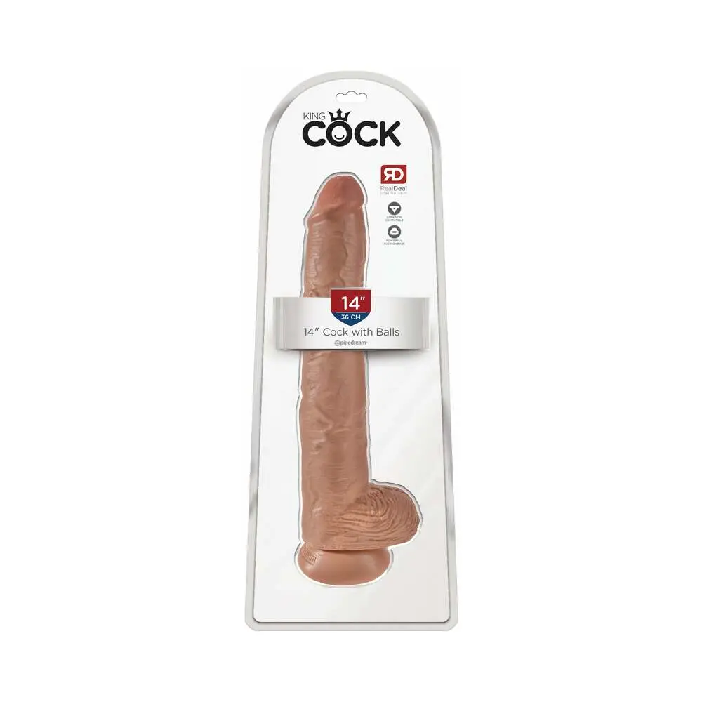 King Cock 14 In. Cock With Balls Realistic Suction Cup Dildo Tan 1