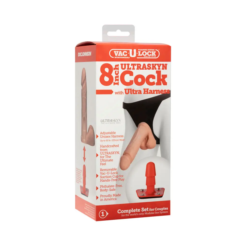 Vac-U-Lock - 8-Inch Ultraskyn Cock - With Ultra Harness White 1