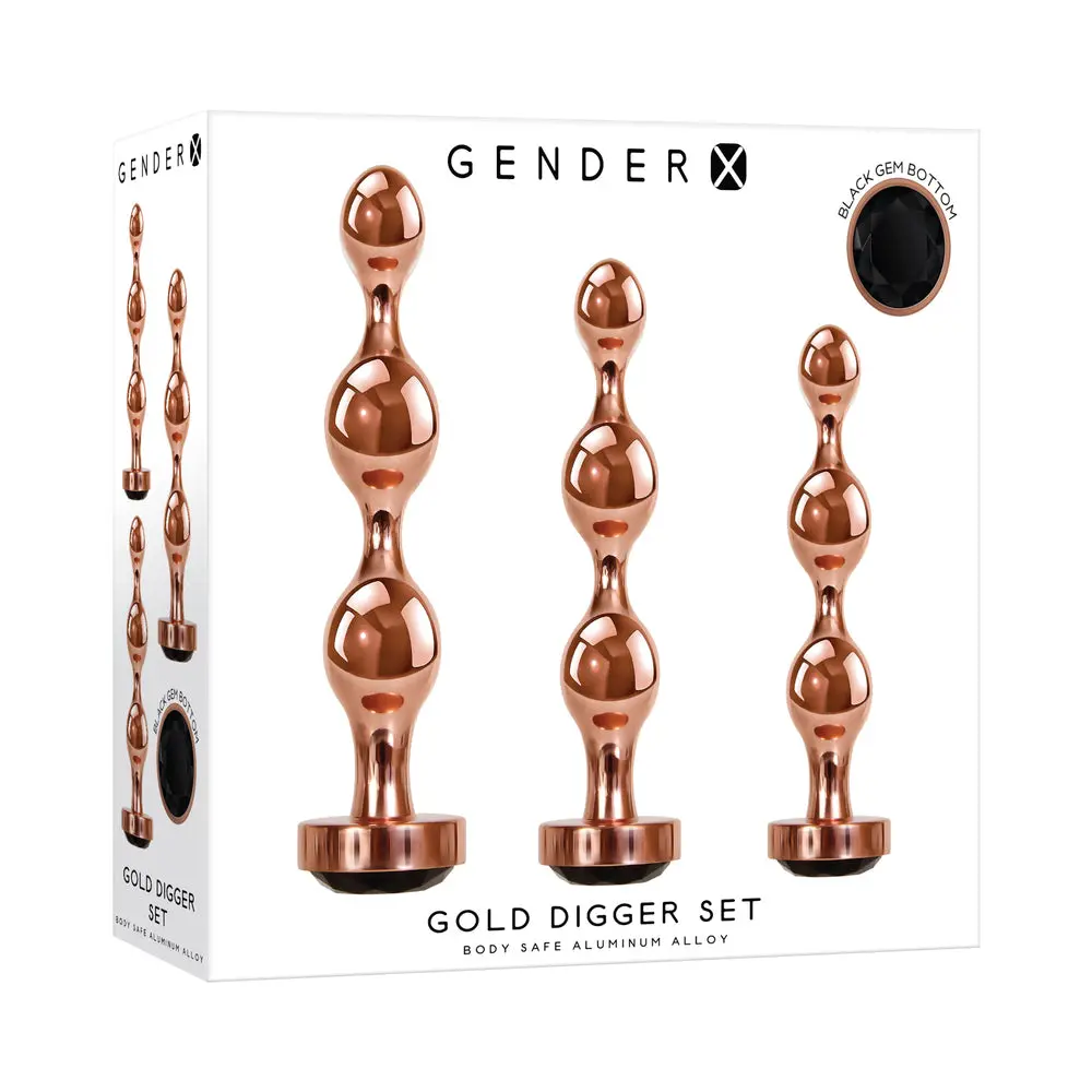Gender X Gold Digger 3-Piece Rose Gold Beaded Anal Plug With Black Gemstone Base Set 1