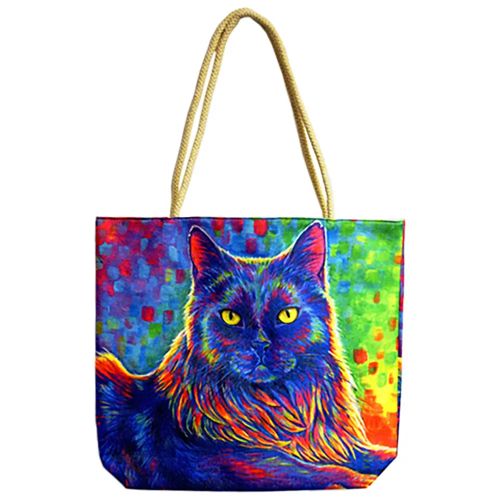 Psychedelic Rainbow Black Cat Tote Bag - Jute Rope-Handled 17"X15" 1