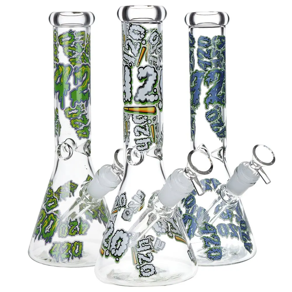 420 Clouds Glow In The Dark Beaker Glass Water Pipe - 10" / 14Mm F / Colors Vary 1