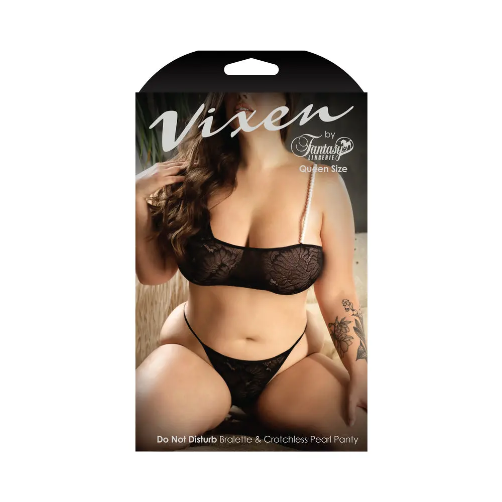 Fantasy Lingerie Vixen Do Not Disturb Pearl Bralette & Crotchless Pearl Thong Black Queen Size 1