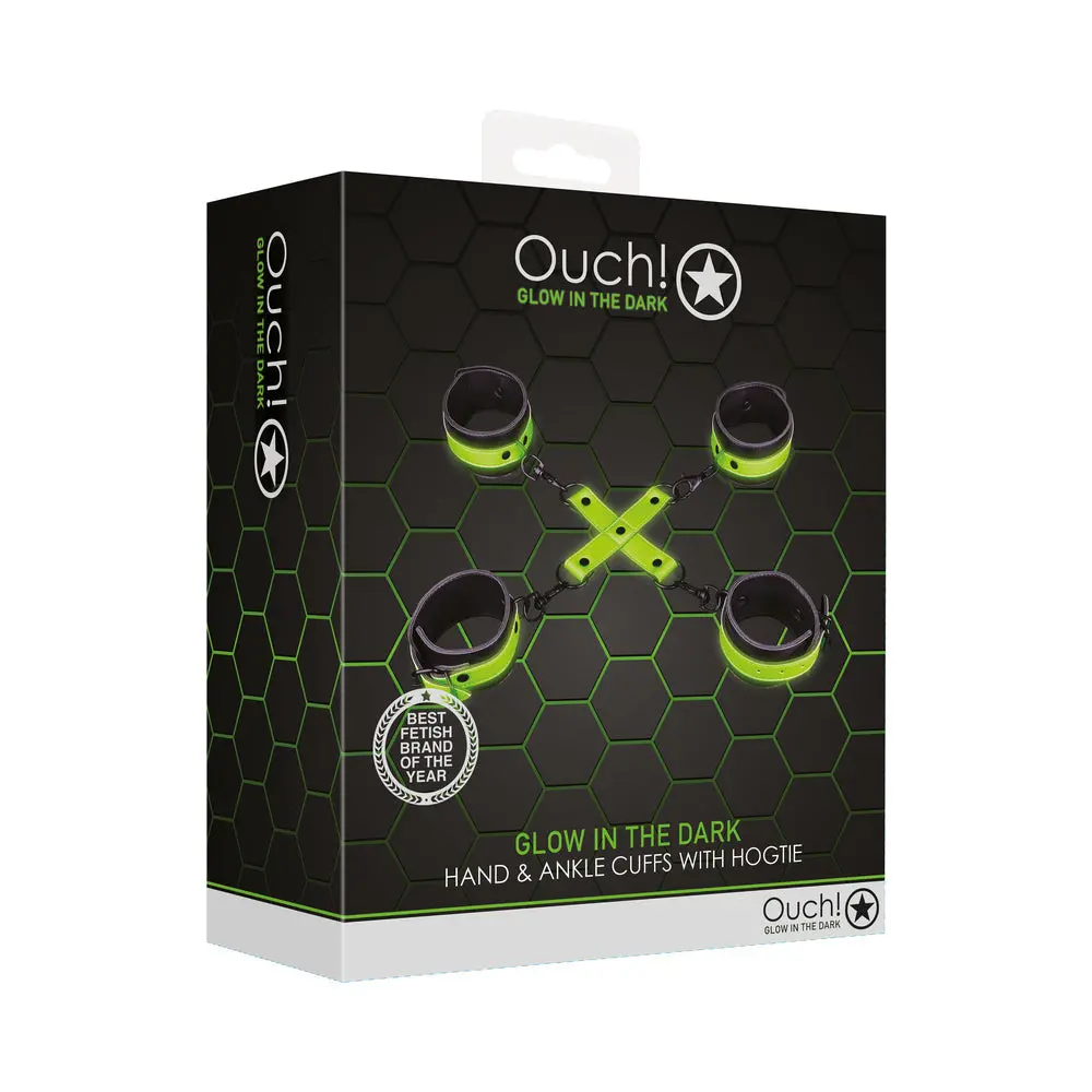 Ouch! Glow In The Dark Hand & Ankle Cuffs With Hogtie Set Neon Green 1