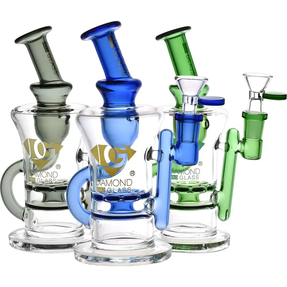 Diamond Glass Gold Ratchet Perc Recycler Water Pipe - 7.75" / 14Mm F 1