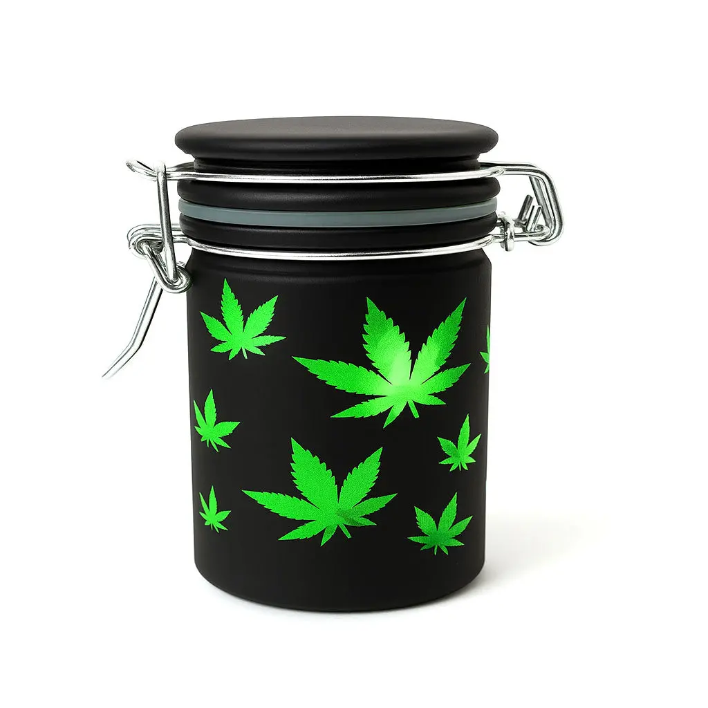 Airtight Black Frosted Glass Storage Jar With Green Leaf Design 1