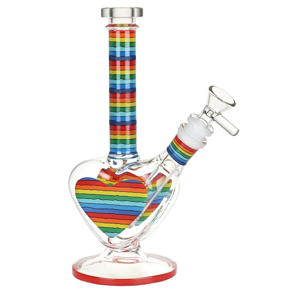 Rainbow Striped Heart Glass Water Pipe - 8.5" / 14Mm F 1