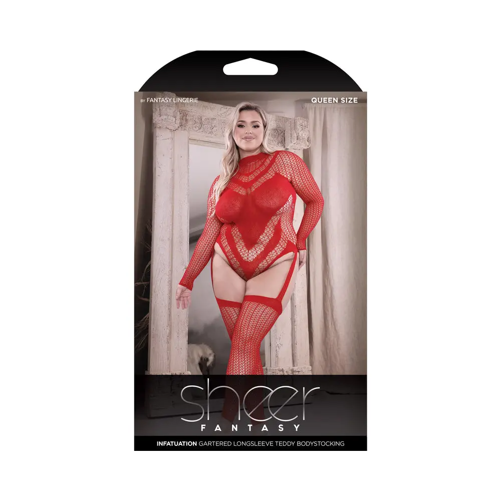 Fantasy Lingerie Sheer Infatuation Open Back Longsleeve Teddy Bodystocking Red Queen Size 1